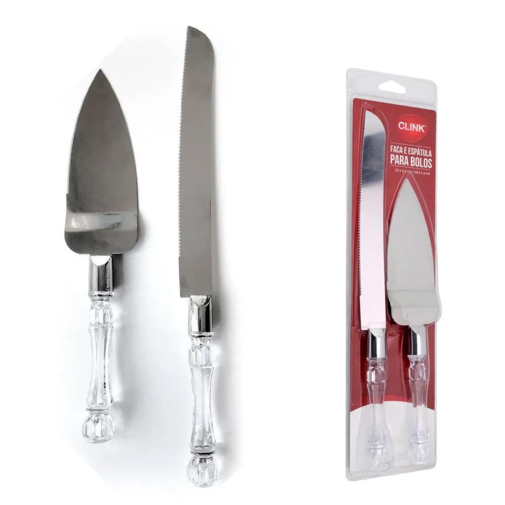 Kit Conjunto Talheres Para Bolo Espátula e Faca Cristal Inox