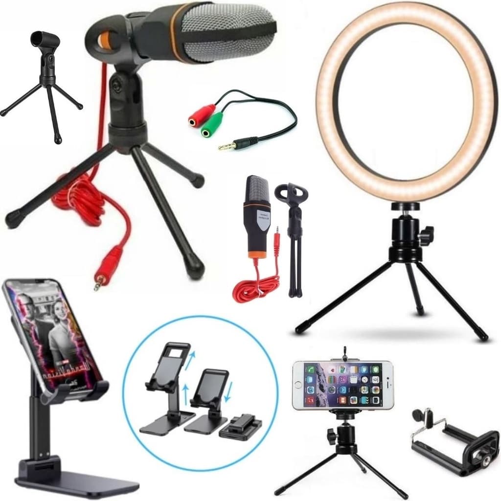Kit Home Office Mesa Microfone Profissional Luz Iluminador Suporte Celular Escritório