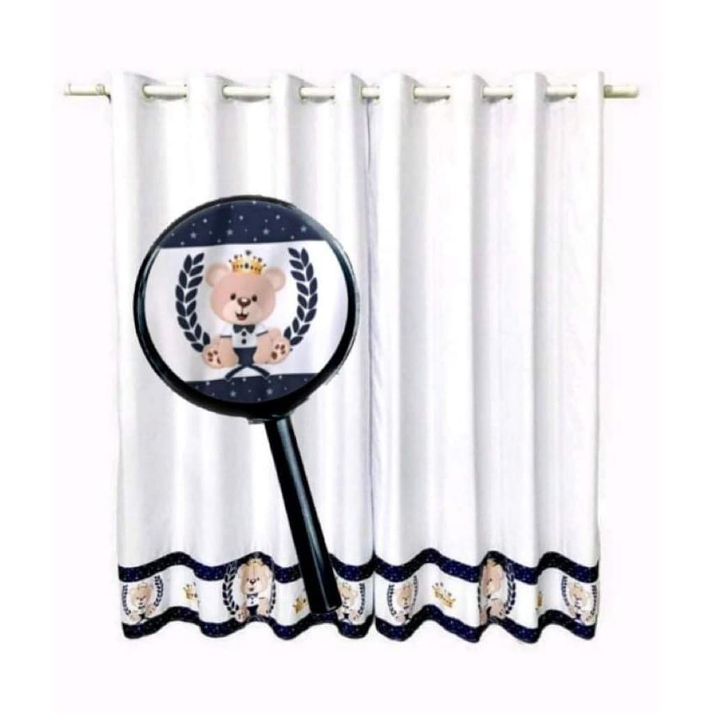 Cortina Urso Branco e Azul Marinho Quarto de Nenem Principe Menino 2,60 L x 1,70 A