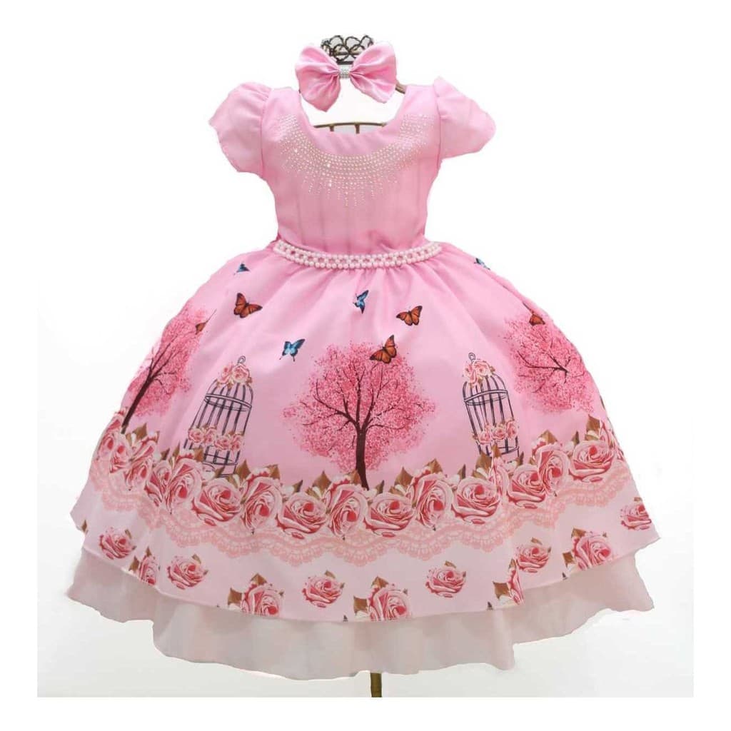 Vestido Infantil Tematico Jardim Encantado Rosa Festa Aniversario Luxo Com Tiara