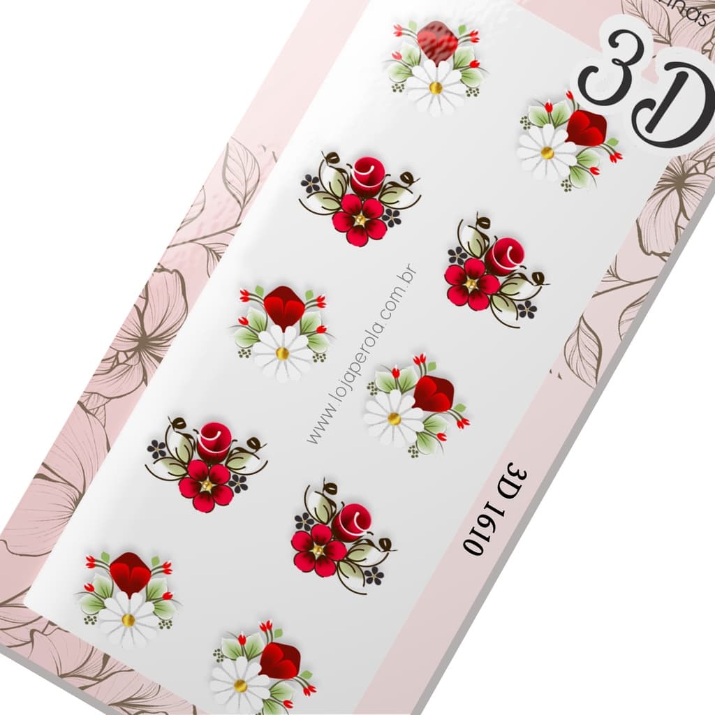 Adesivo 3D de Unhas-Margaridas com flores vermelhas-3D 1610