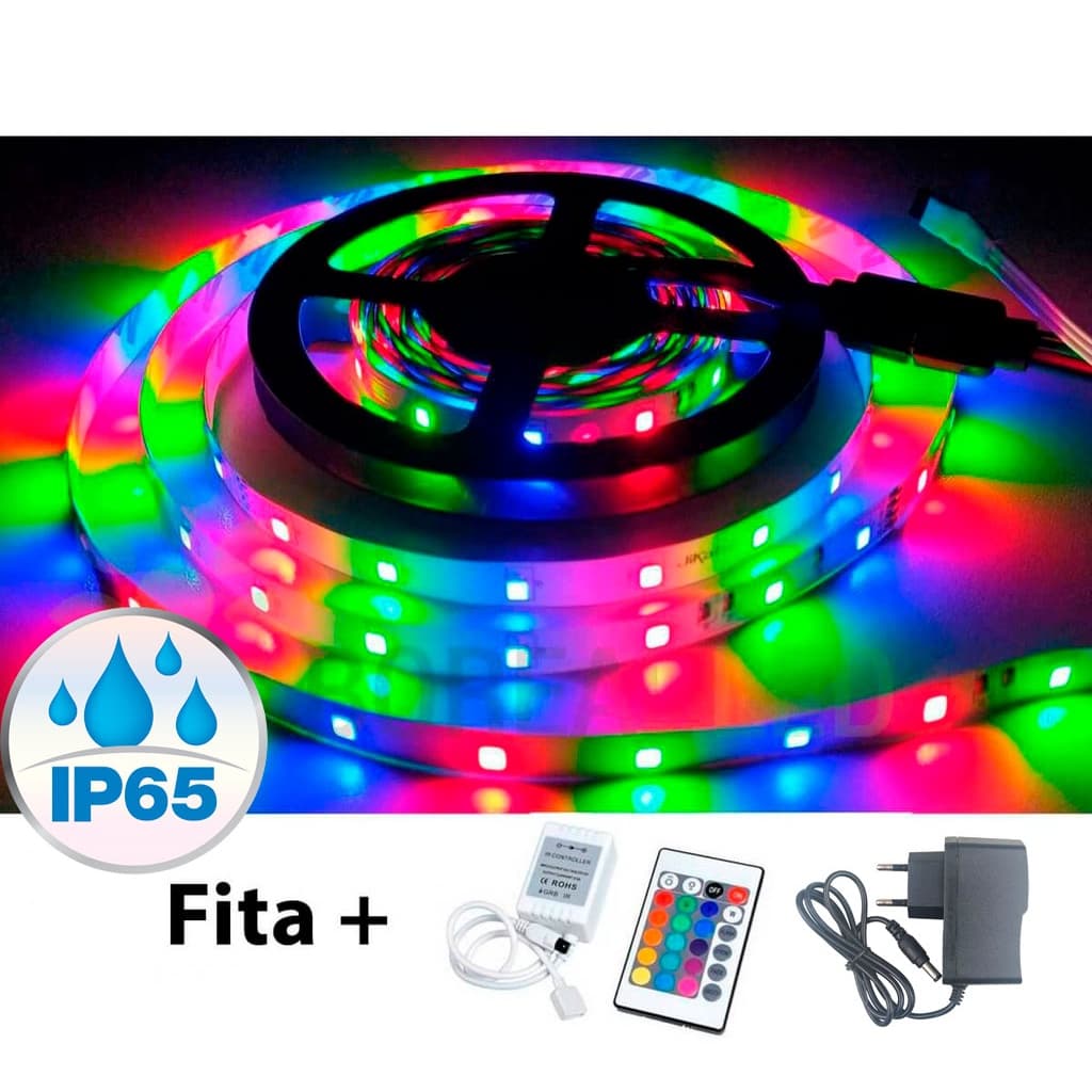 Fita LED RGB Colorida 3528 IP65 Siliconada 300 LEDS + Controle Remoto e Fonte