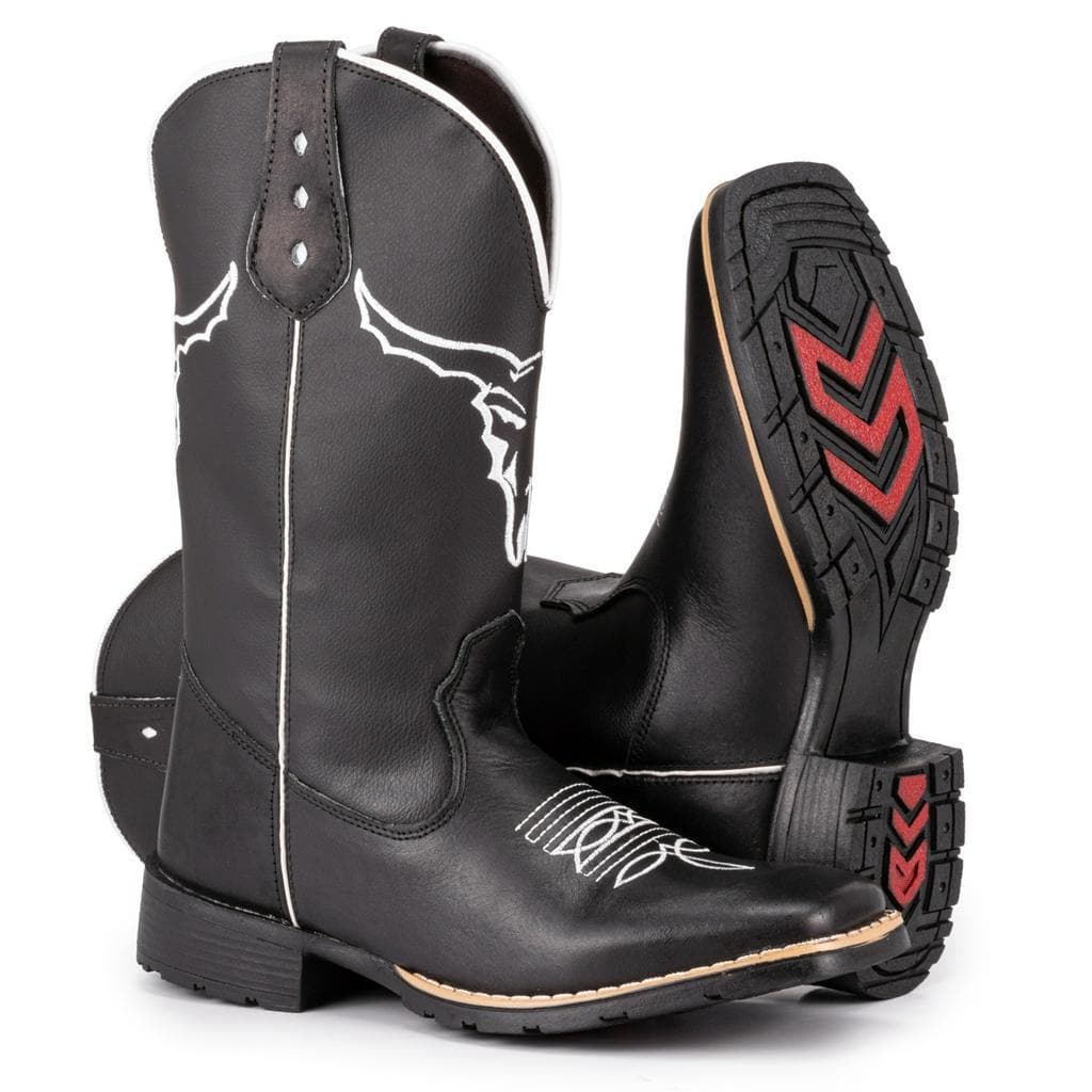 Bota Texana Masculina Country Bico Quadrado Bordada Boi Black