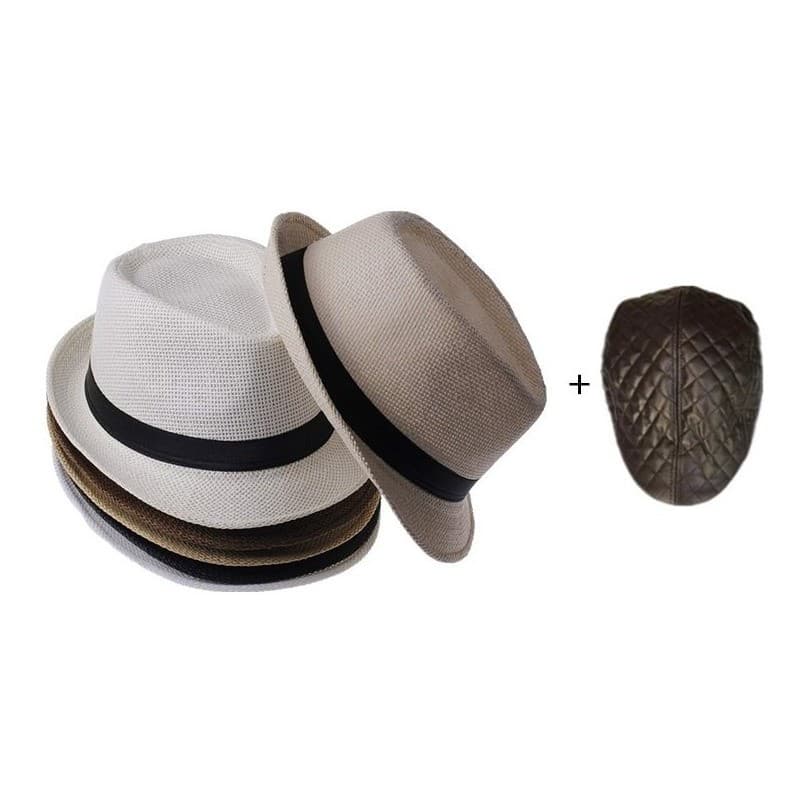 2 Pcs Chapeu Unissex Palha Malandrinho Panama + 1 Boinas