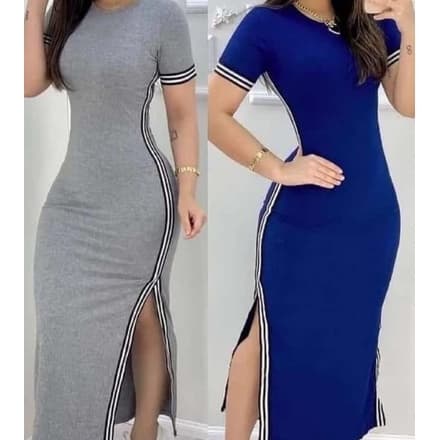 Vestido feminino longo manga curta listra fina fenda na lateral