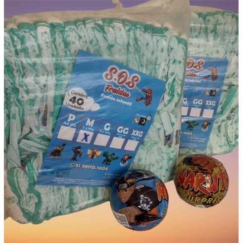 KIT 2 Pacotões Fraldas Infantil (Qualquer Tamanho) P/M/G/GG/XXG  + Bola Surpresa Naruto