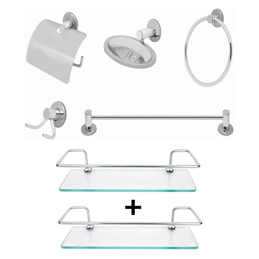 Combo 7 Itens Kit de acessórios Stander 05 peças e 02 Porta Shampoo Reto CROMADO