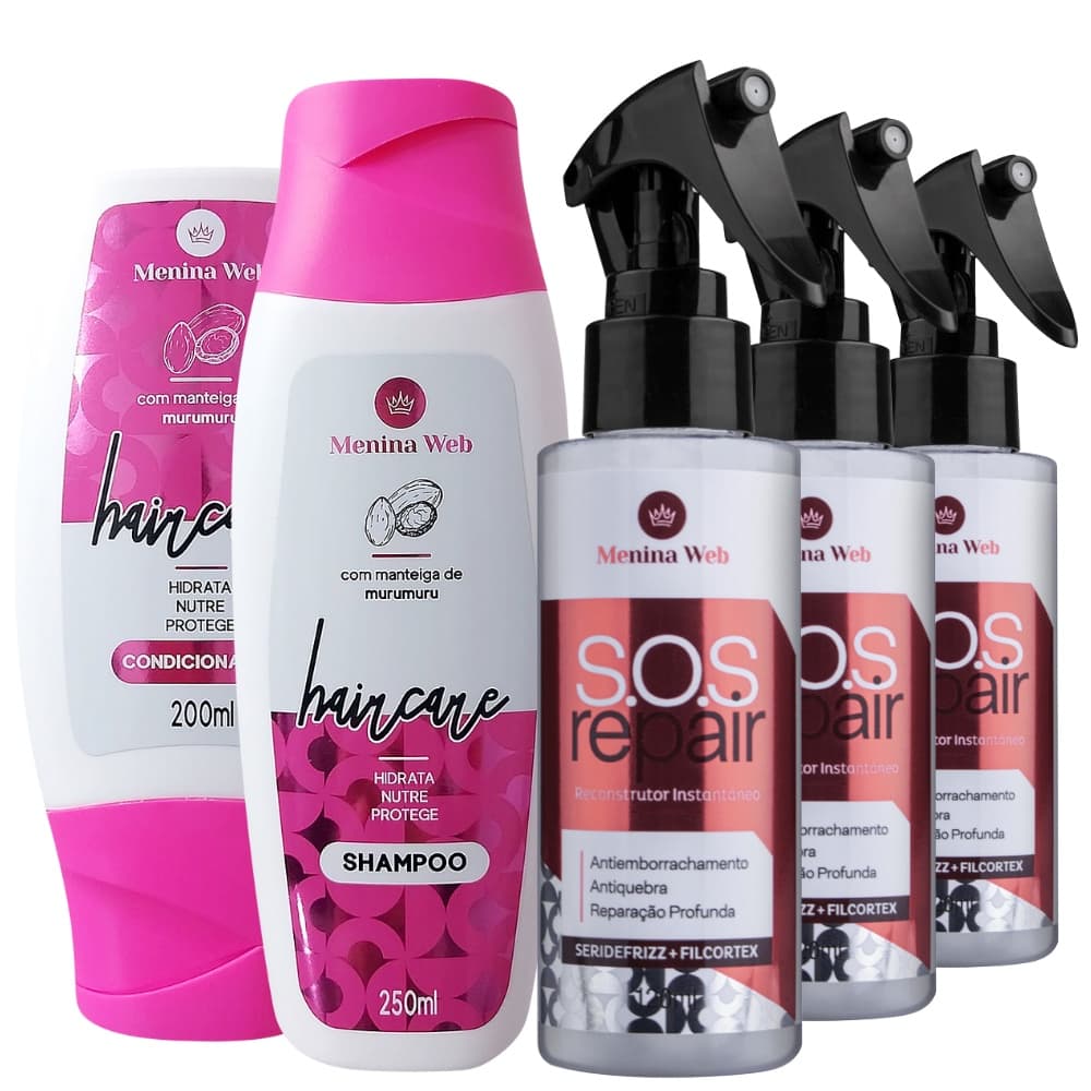 Kit Shampoo e Condicionador Hair Care + 3x Reconstrutor S.O.S Repair 120ml Menina Web