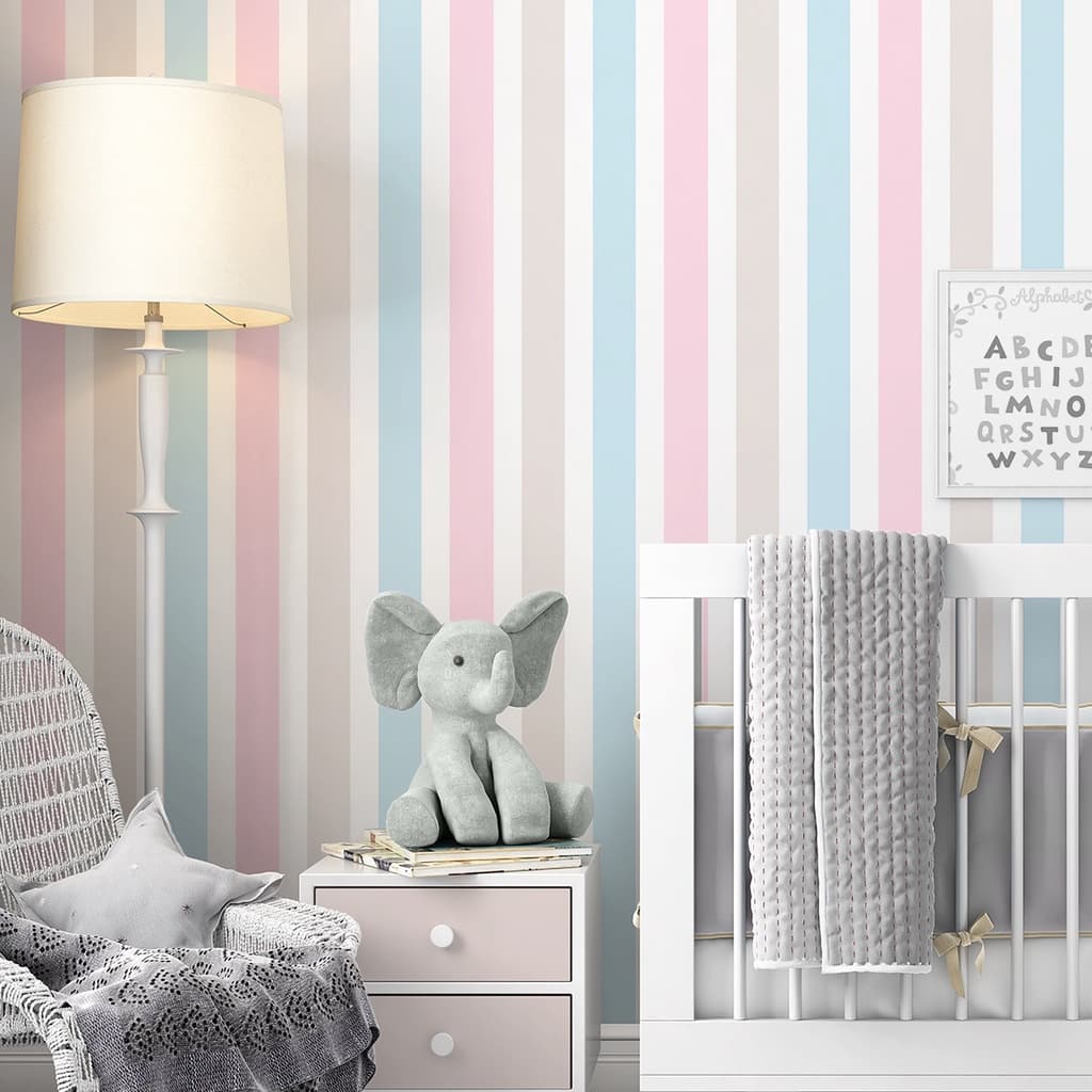 Papel de Parede Adesivo Listrado Azul Rosa Bege Quarto Casal de Filhos Infantil SSLI-186
