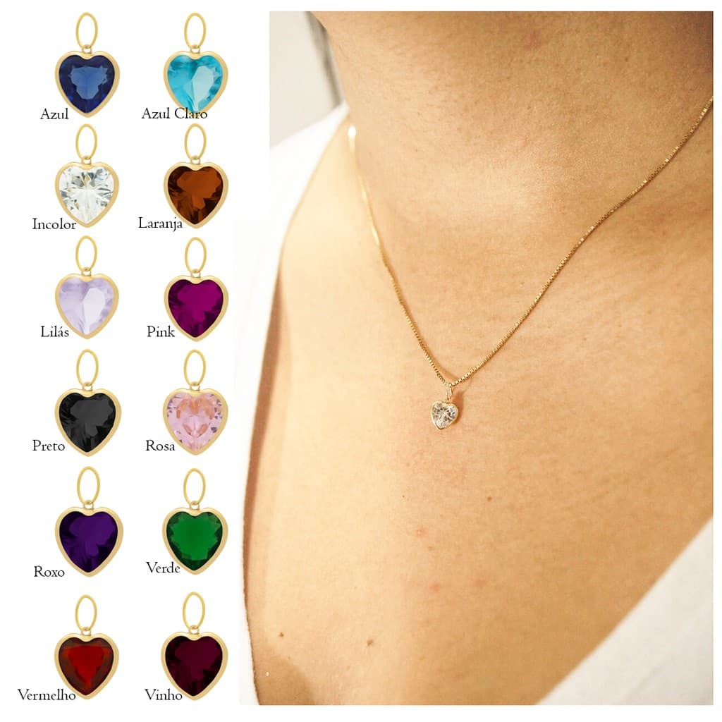 Pingente Coração Zircônia Ponto De Luz Ouro 18k Diversas Cores e Tamanhos 4mm 5mm 6mm