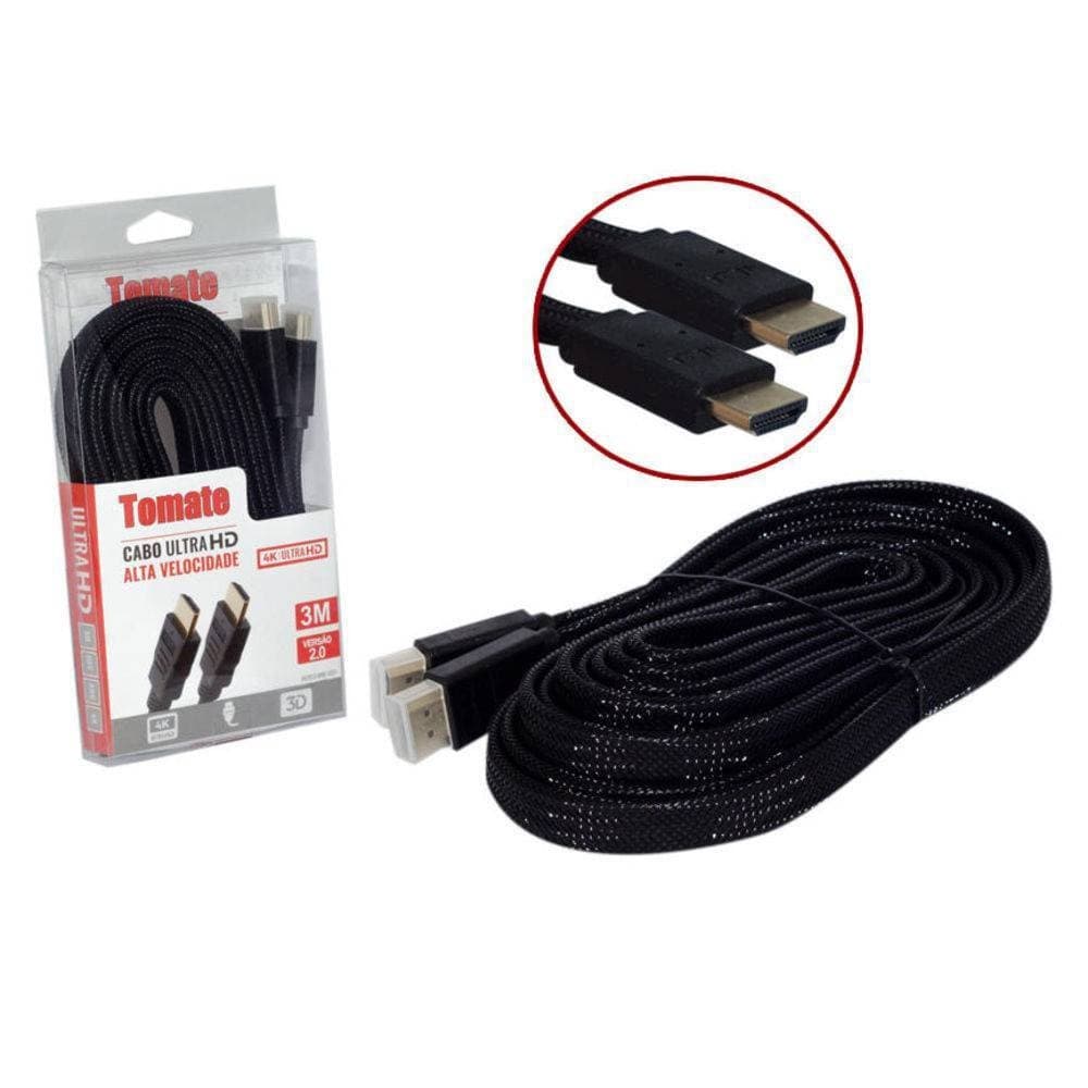 Cabo Hdmi 3 Metros 2.0 Achatado De Nylon Com Ponta Dourada
