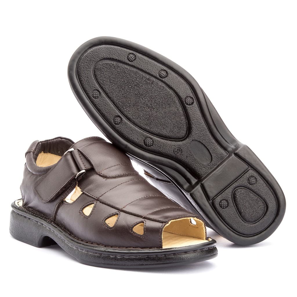 Sandália Masculina Confort Gel Anatômica Aberta em Couro Legitimo Verão Calor Chinelo Conforto