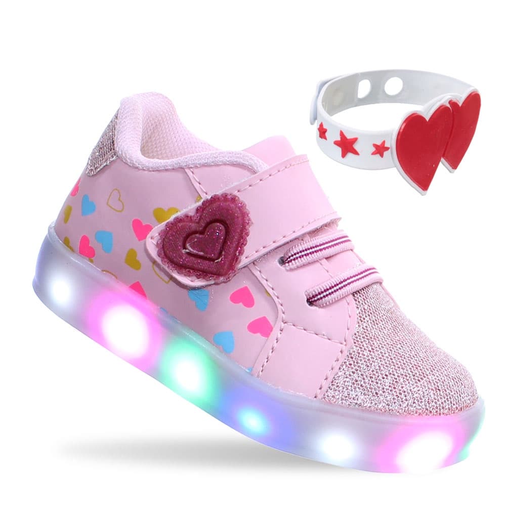 Tenis Luzinha LedLuz Pisca Infantil Menina Love Coracao Rosa Com Brinde Pulseira
