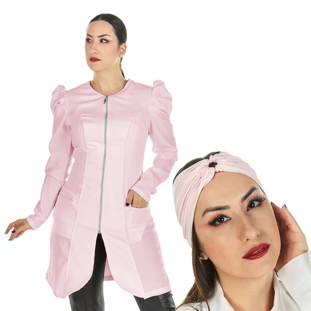 Jaleco Feminino Acinturado Manga Longa Princesa Rosa Bebê + Turbante Clínica Dentista Esteticista Salão de Beleza Profis