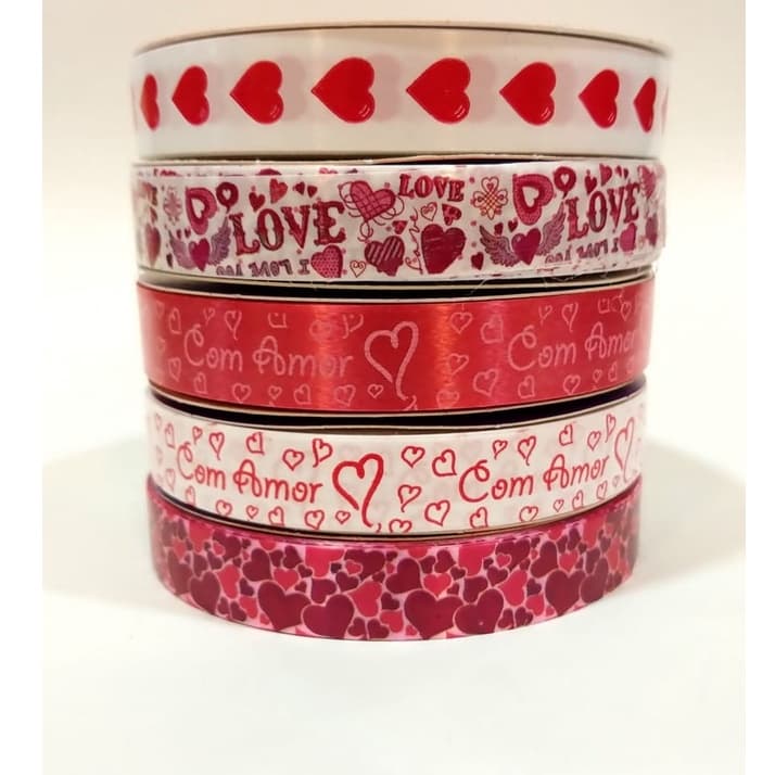 Kit com 5 Fitas Plásticas Decorativa Amor Poli 15mm C/ 30 metros Laço Presente Brinde