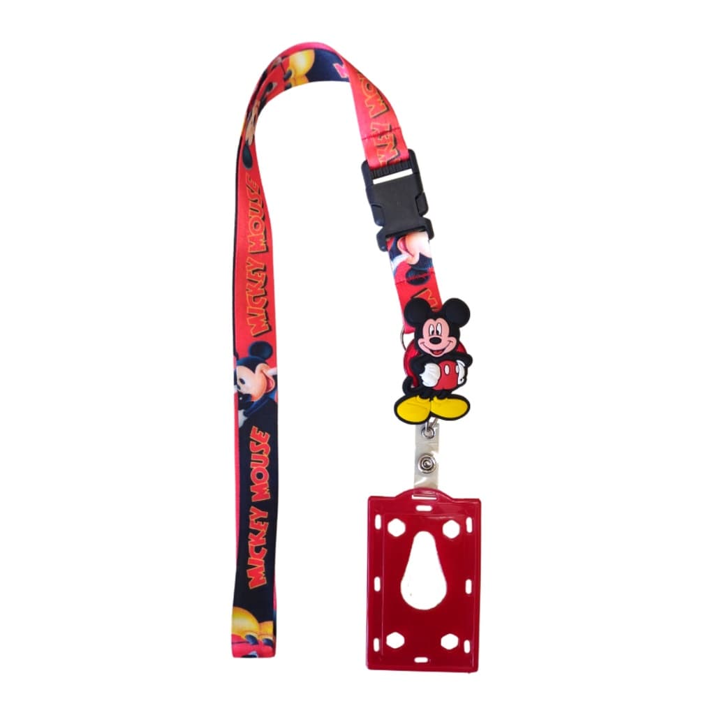 Kit Cordão Mickey Mouse com Fecho Engate Rápido + Porta Crachá Retrátil Mickey + Porta Cartão Vermelho