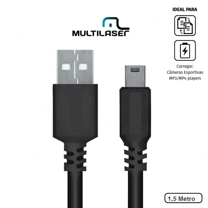 CABO USB A 2.0 MACHO PARA MINI USB B MACHO 28AWG PURO COBRE 1,5Metro - Multilaser