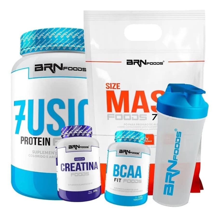 Kit Whey Protein Fusion 900g + Size Mass 3Kg + Bcaa 100g + Creatina 100g + Coqueteleira BRN FOODS