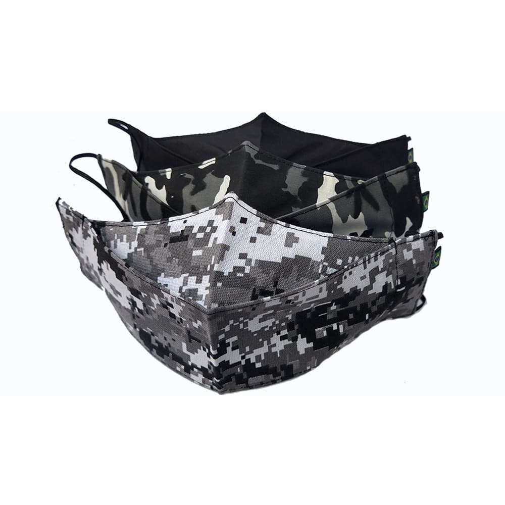 Kit 3 Máscaras 3D Camuflada Cinza + Camuflada  Tons de Cinza e Branco + Preta Lisa 100% tricoline elástico confortável