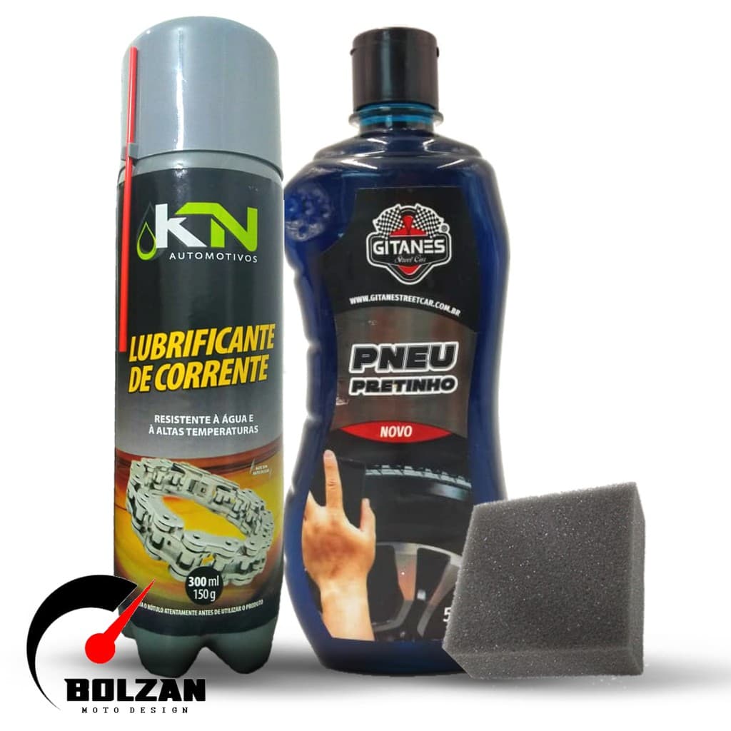 Kit Spray Lubrificante de Correntes KN Automotivos + Pretinho Limpa Pneus Gitanes com Esponja Para Aplicação