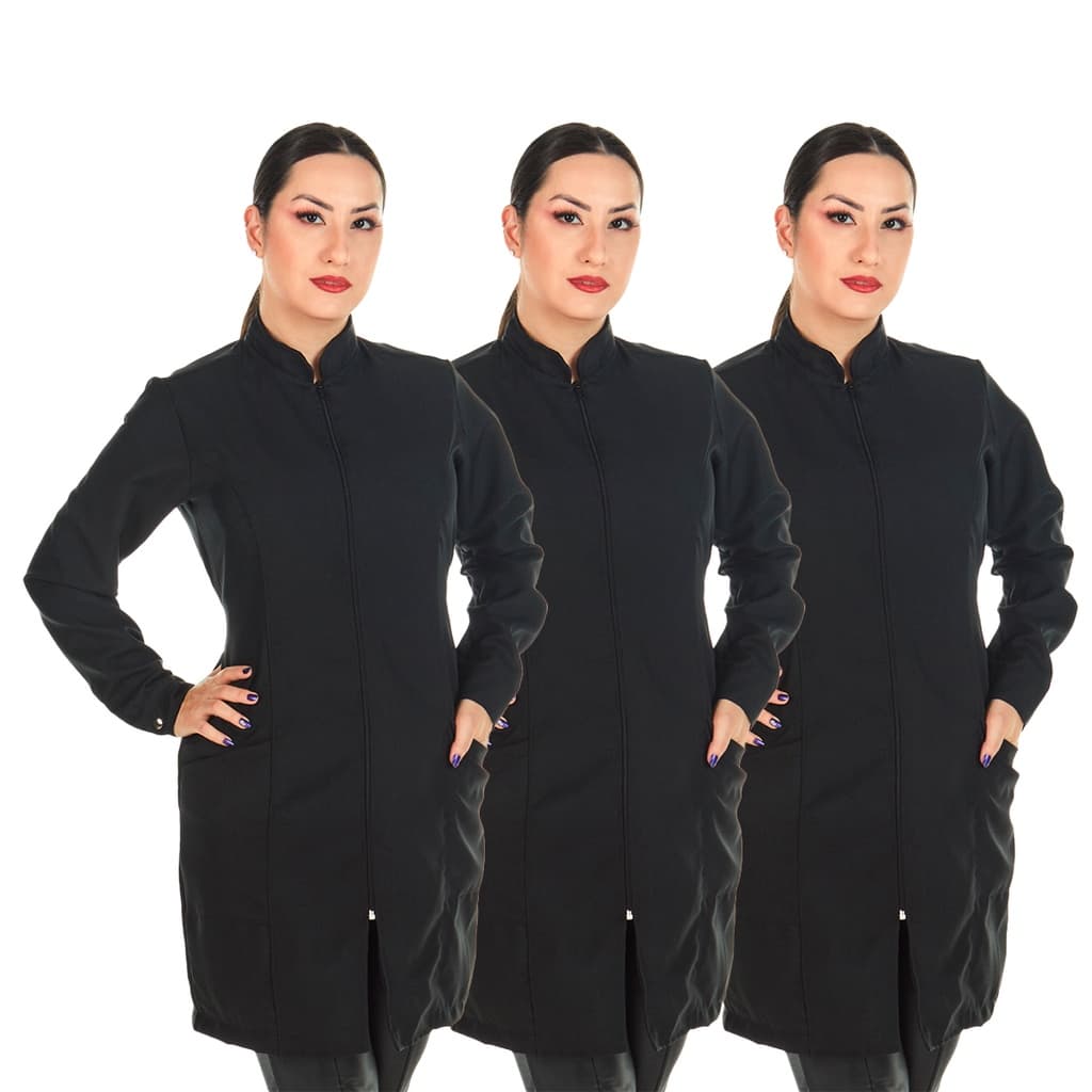 Kit 3 Jalecos Feminino Oxford Básico Zíper Manga Longa Preto Profissional Esteticista Salão de Beleza Consultório