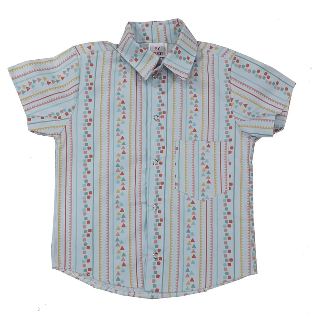 Camisa Social Triangulo Quadrado Azul Curta Infantil Menino