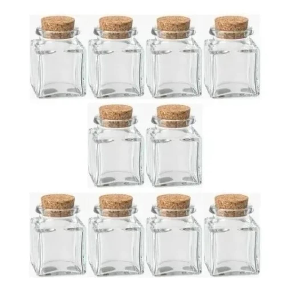 Potes de Vidro Quadrado Com Tampa de Rolha Cortiça P/ Temperos Lembrancinhas Velas 50ml