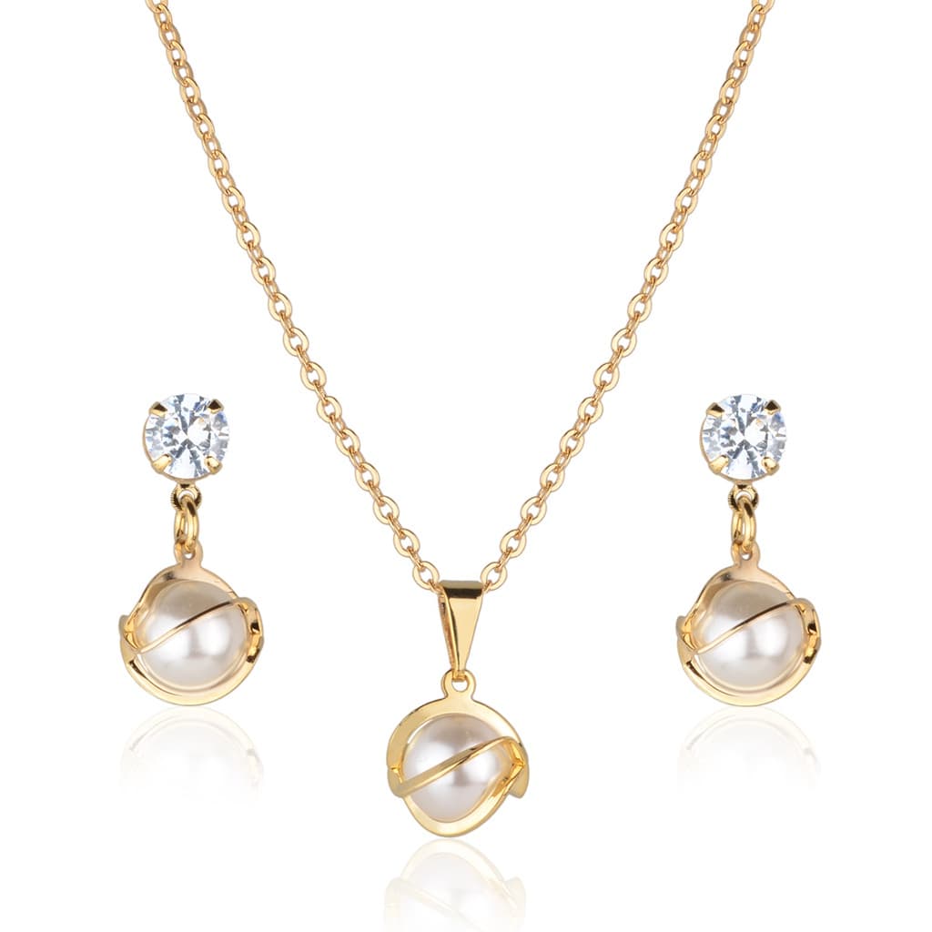 Conjunto Colar e Brinco Semi-joia Com Pérola Banhado a Ouro 18K CJ0028 Kit Colar E Brinco
