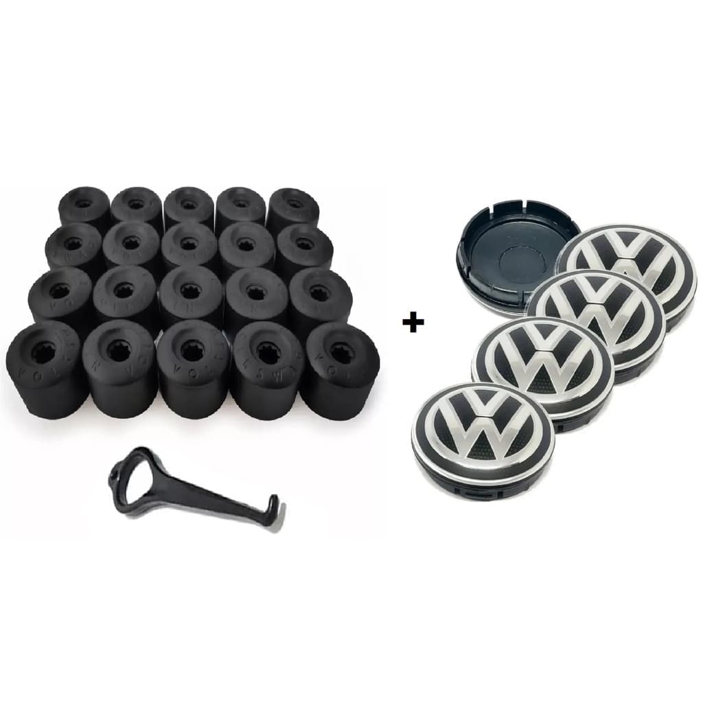 Kit 4 Calotinha Centro Roda Original Vw + Capa Parafuso Roda Kit C/20Un VW Fox Polo Bora Golf Jetta