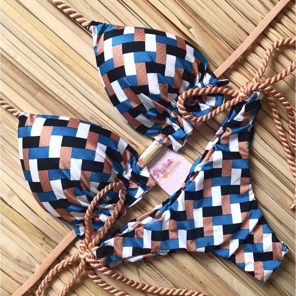 Biquíni  Novo Estilo  Traje De Banho Moda Praia Esportiva Xadrez Estampa  Dividido Biquini Feminino