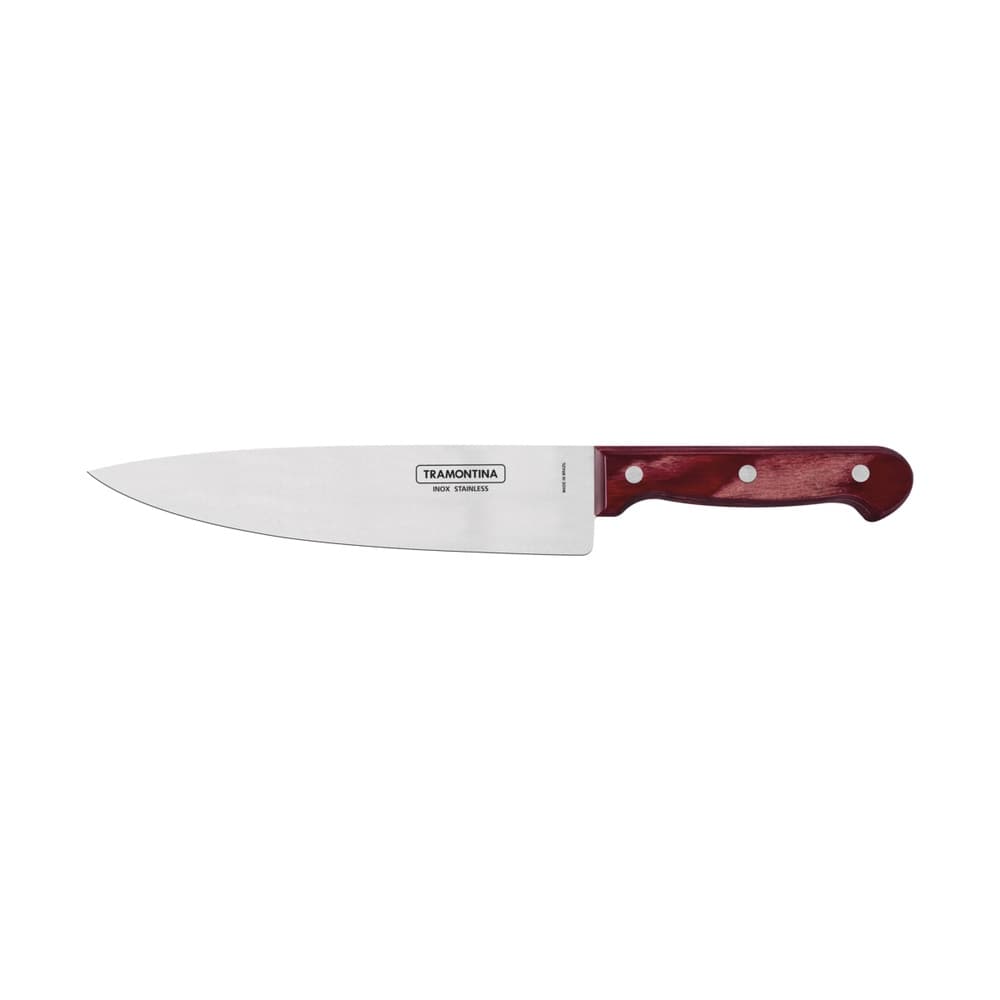 Faca Chef Tramontina Polywood com Lamina em Aço Inox e Cabo de Madeira Vermelho 8"