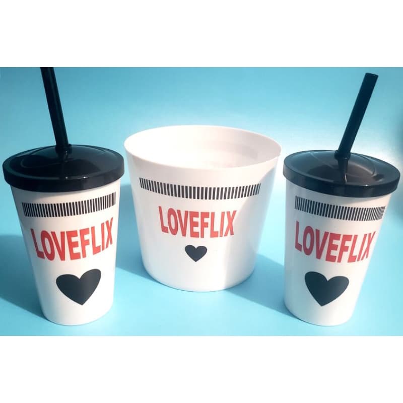 Kit Balde de Pipoca + Copo Personalizado LoveFlix Dia dos Namorado Kit Cerveja Porção Petisco Amigos