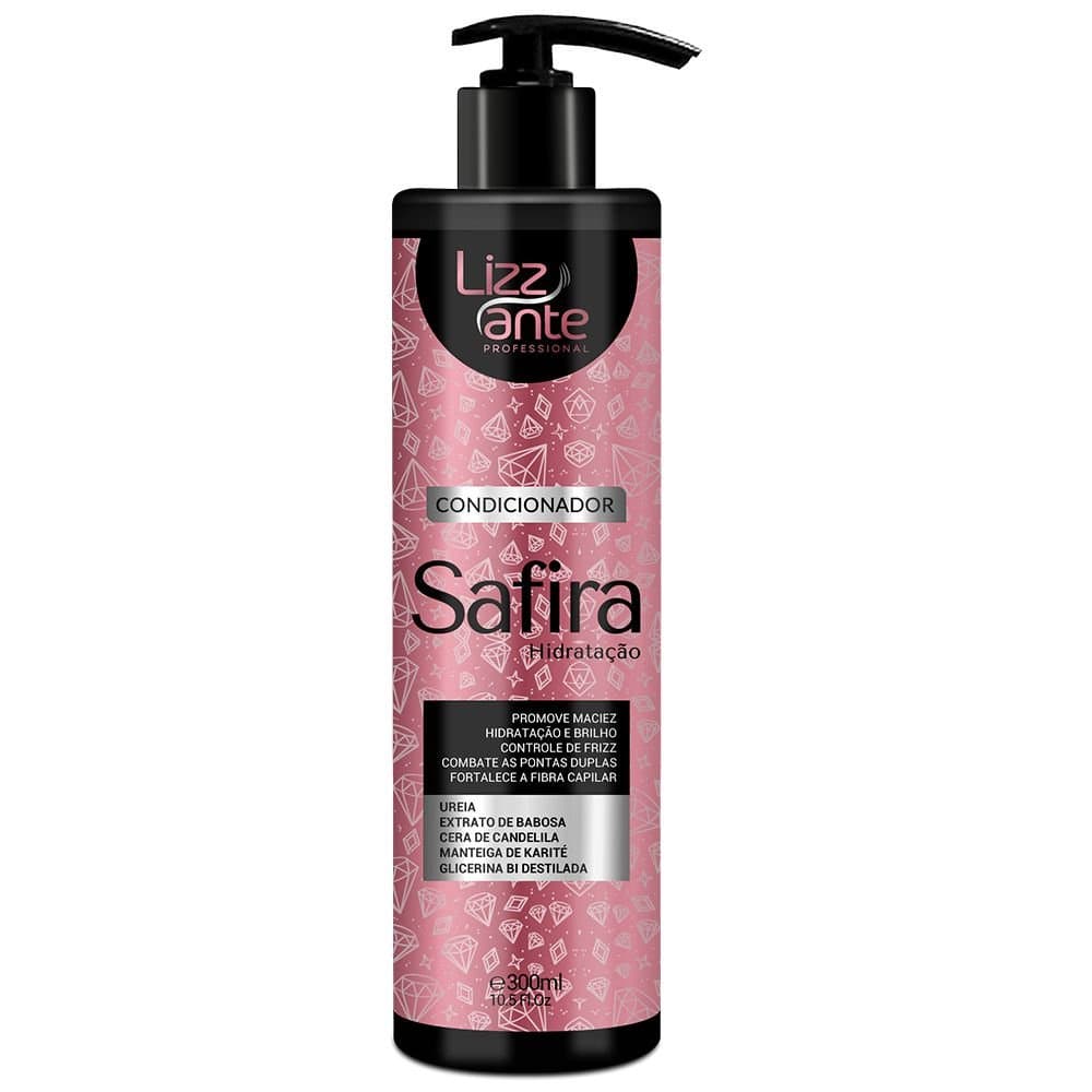 Condicionador Safira 300ml Lizz ante - Condiciona - Sela as Cutículas - Combate Frizz e Pontas Duplas - Desembaraça - Maciez - Leveza - Emoliencia - Fios Ressecados - Cabelo Macio - Babosa - Cera Candelila - Manteiga Karite - Ureia