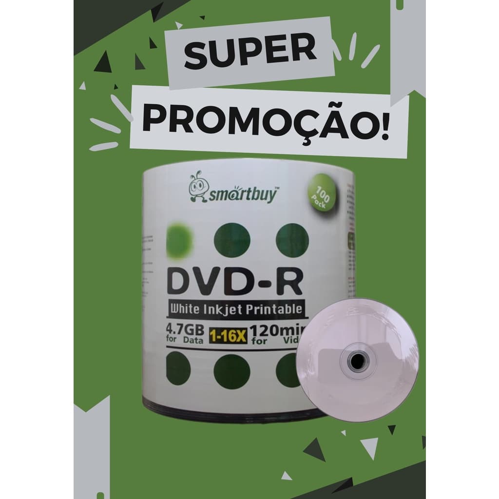 100 Mídia Virgem Dvd-r Smartbuy Printable Impressão 4.7Gb Ritek F1