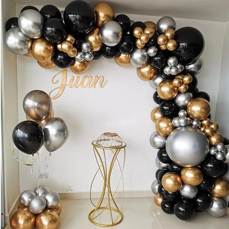 Kit 100 Balões Preto Nº7 + Prata/Dourado Nº5 Metalizado Cromado - Balão Bexiga Para Festas e Aniversários