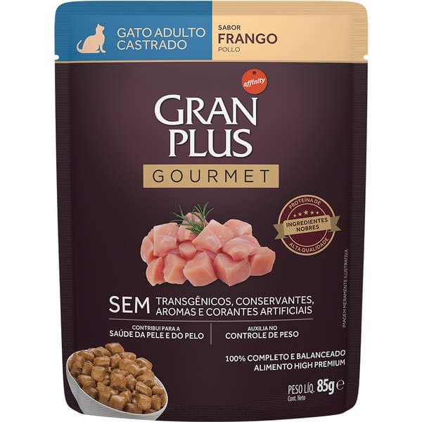 10 Unidades Sache Ração Úmida Gran Plus Sachê Gourmet Frango para Gatos Castrados Adultos