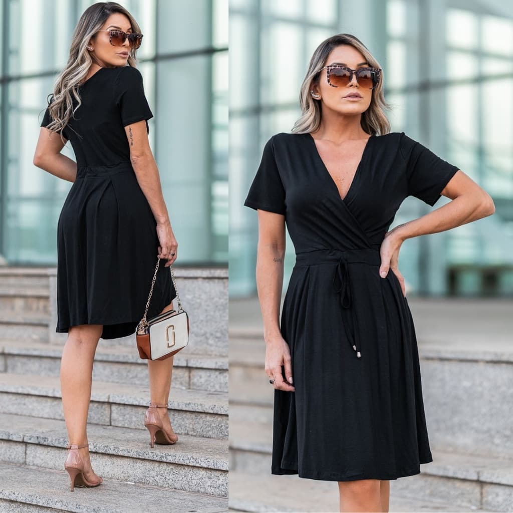 Vestido Transpassado Feminino com Decote Manga Curta