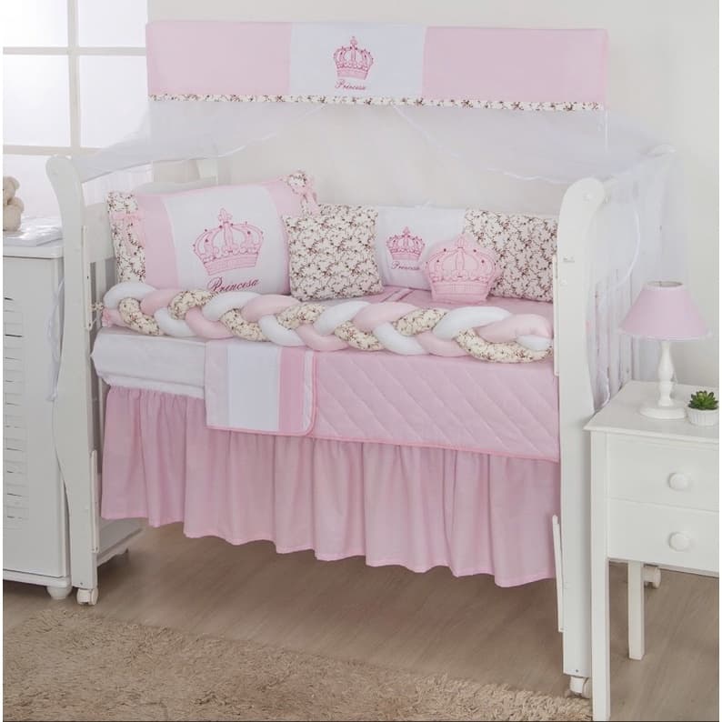 Kit Berço Com Lateral E Trança Coroa Rosa 12 Peças