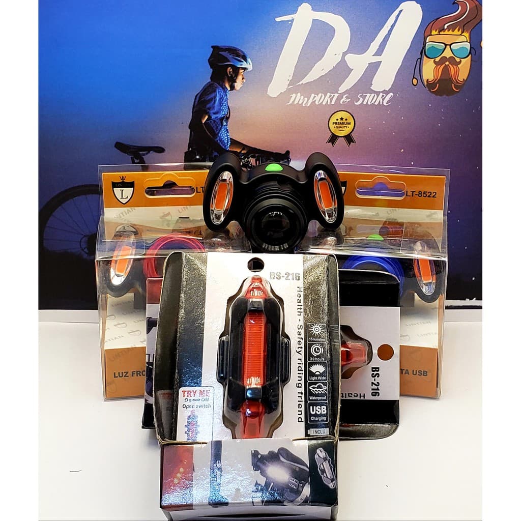 Kit Farol e Lanterna Bike Profissional 3 LEDs T6 + Lanterna Traseira - Recarregável