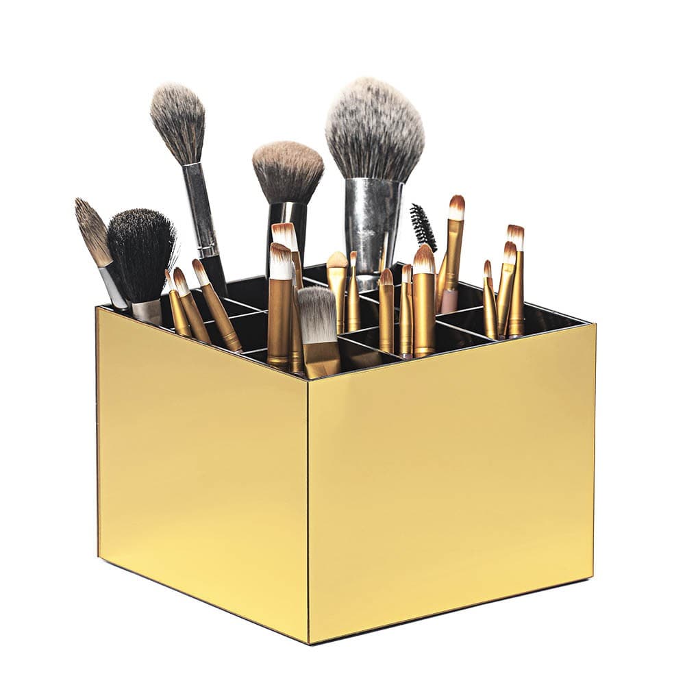 Organizador Porta Pincéis Em Acrílico Dourado e Preto Com 9 Divisórias