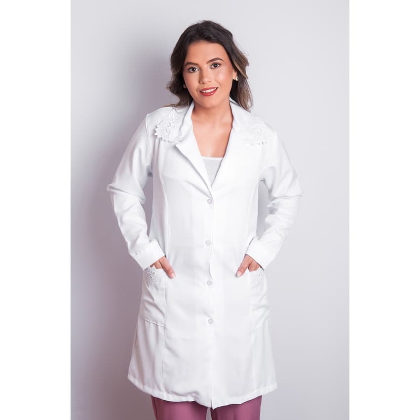 Jaleco Feminino Branco Bordado Tecido Microfibra 958 - Nininha Jalecos  - ÓTIMA QUALIDADE