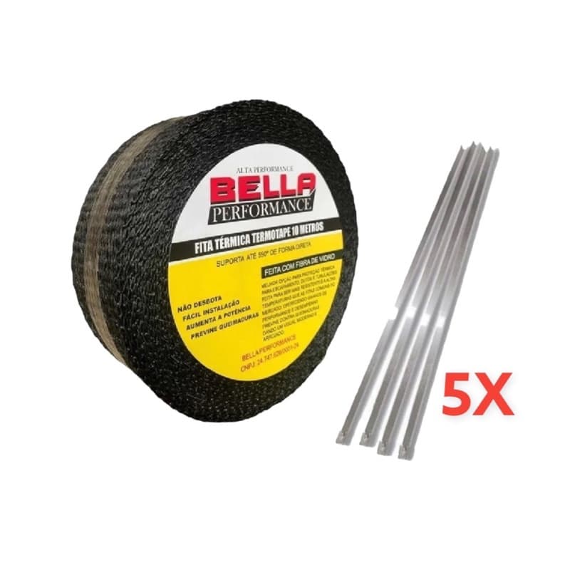 Fita Manta Térmica Termotape Preta 10 Metros Escapamento Carro e Moto + 5 Abraçadeiras Aço Inox