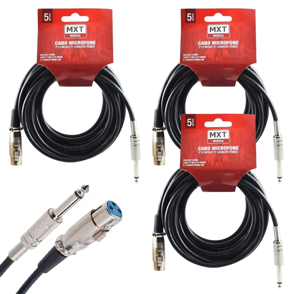 Kit 3 Cabo Microfone Xlr Canon P10 Mono Violão 5m Metros Mesa som Amplificador Profissional Mxt