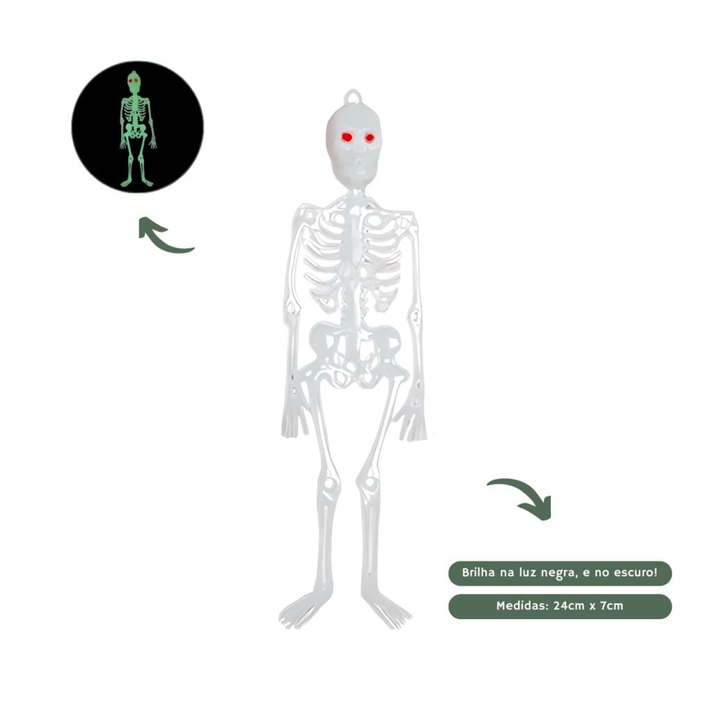 Kit enfeite esqueleto decorativo penduravel neon brilha no escuro luz negra halloween festa decoração aniversario medo terror