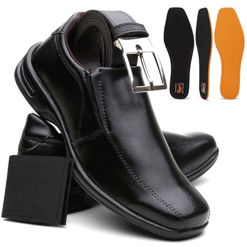Combo Sapato Social Masculino Ortopédico Ajustável De Couro Leve + Cinto e Carteira