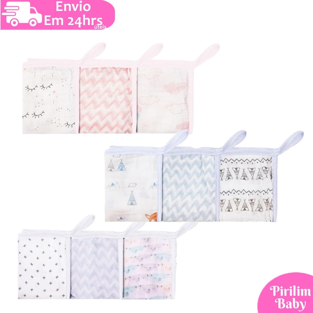 Kit 3 Paninho De Boca Soft Premium Papi Baby C/ Prendedor De Chupeta 32Cm X 32Cm