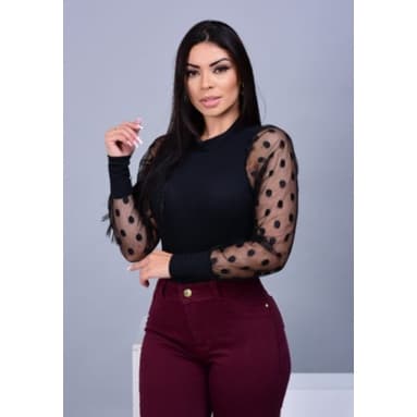 Blusa Feminina Manga Longa Canelada Com Tule Luxo Elegante Moda Inverno (Inova Stilo)