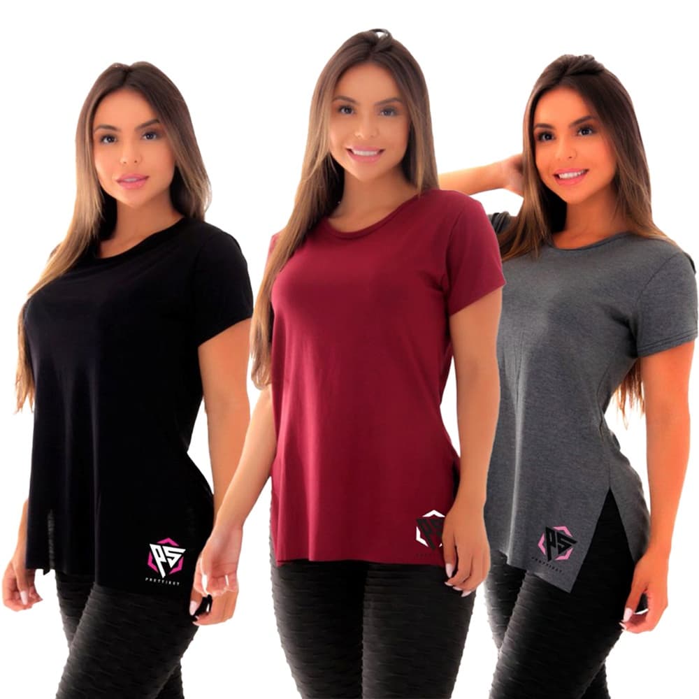 Kit 3 Blusas Academia Fitness Tapa Bumbum Ps Camiseta Feminina