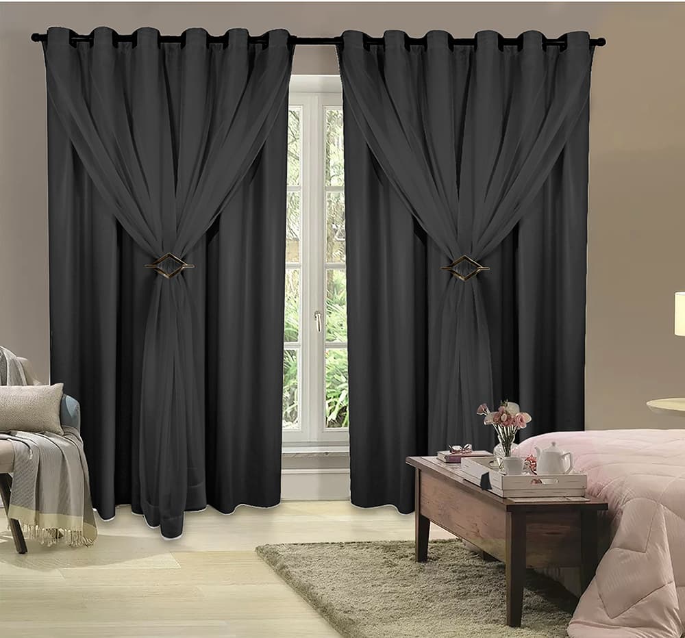 Cortina Corta Luz 3,00m X 2,50m 100% Blackout Com Voil Preto Para Sala Ou Quarto Para Varão Simples