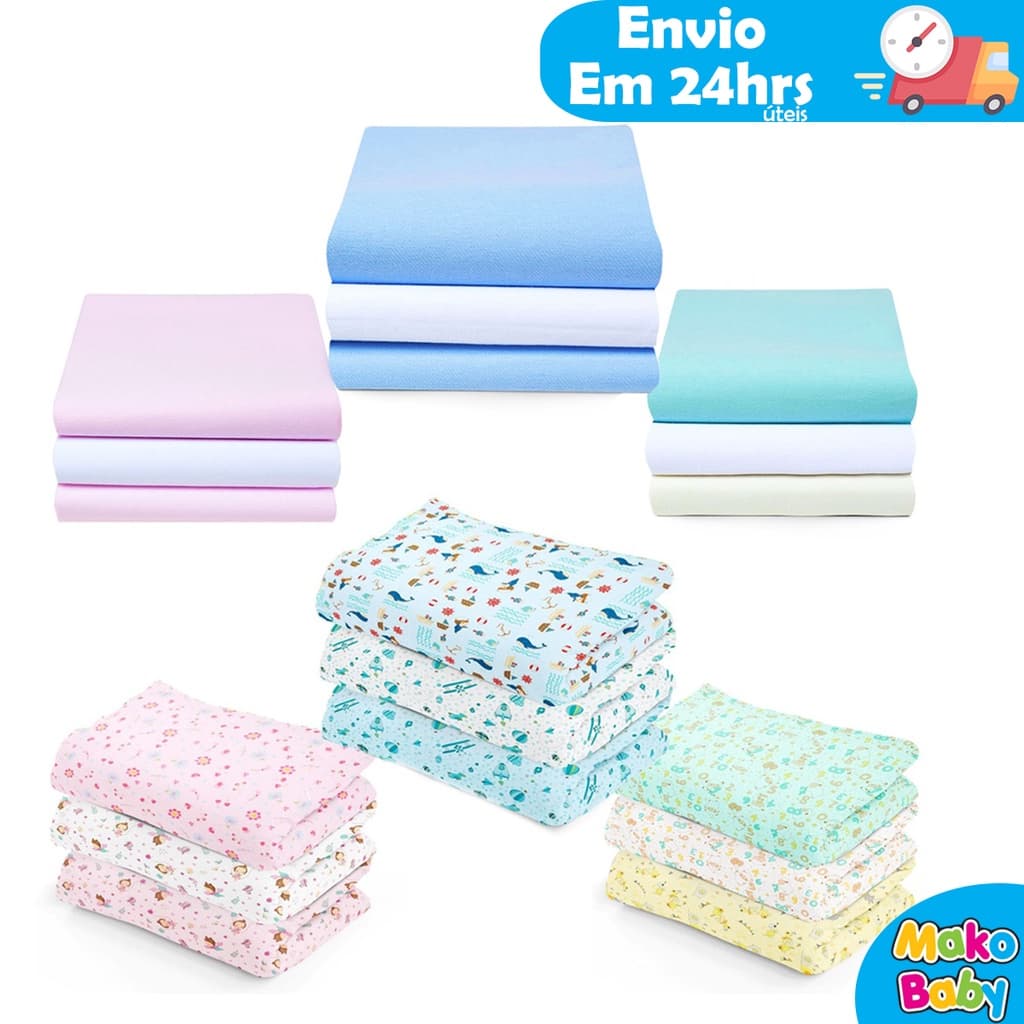 Kit 6 Cueiros Bebê Flanelado Estampado ou Liso 100% algodão 80cm x 50cm